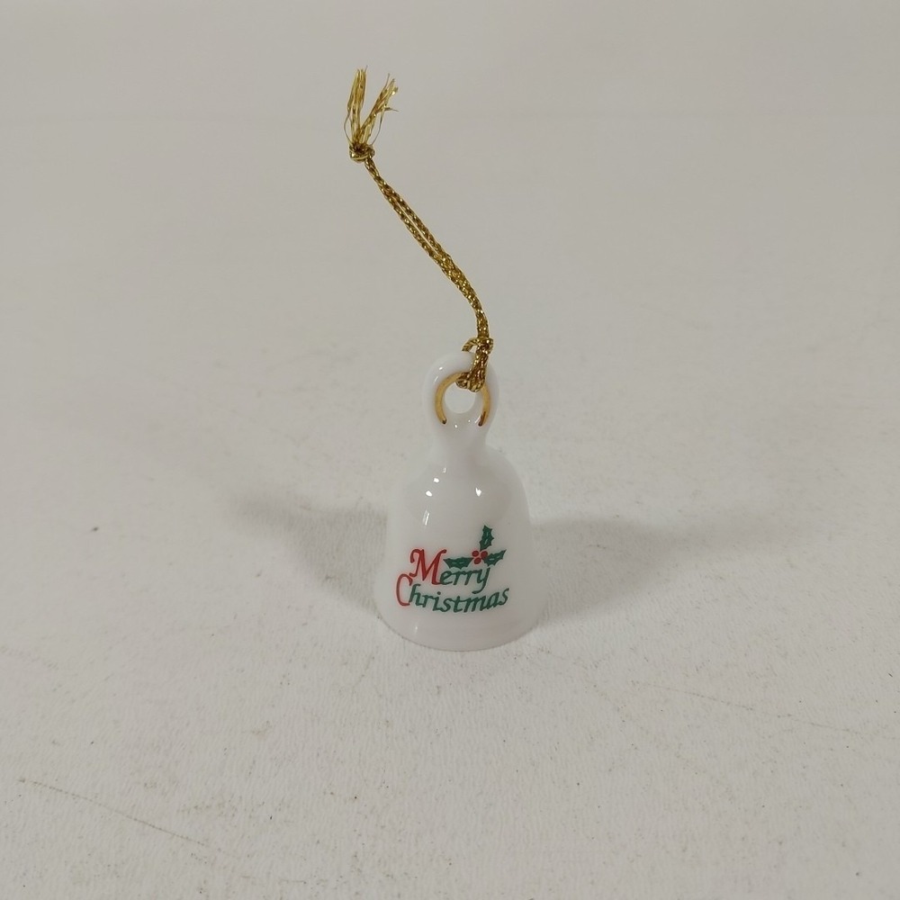 Merry Christmas Bell‎ Tree Ornament White Porcelain 1.5"